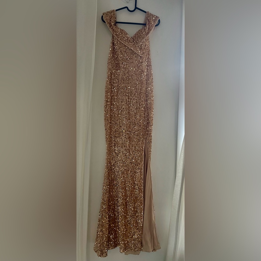 Gold Sequin Velvet Evening Gown Formal Holiday Party Dress M 8 10 Glam Black Tie